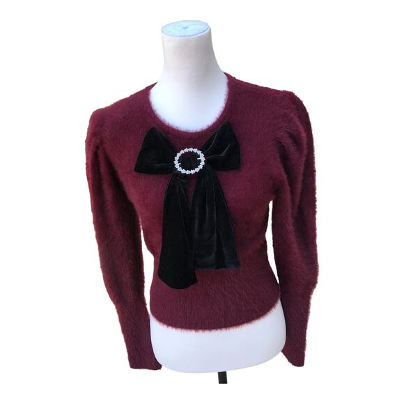 Zara Burgundy Bow Rhinestone Broach Long Sleeve Fuzzy Knit Sweater Top Sz S $129 - Picture 1 of 15